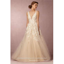Dernières robes Alibaba Elegant V Neck Flowers Champage White A Line Robes de mariée Vestidos de Novia avec Pearls LW253B